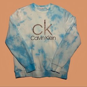 Custom blue tie-dye long sleeve Calvin Klein crew neck sweater w/ CK logo.